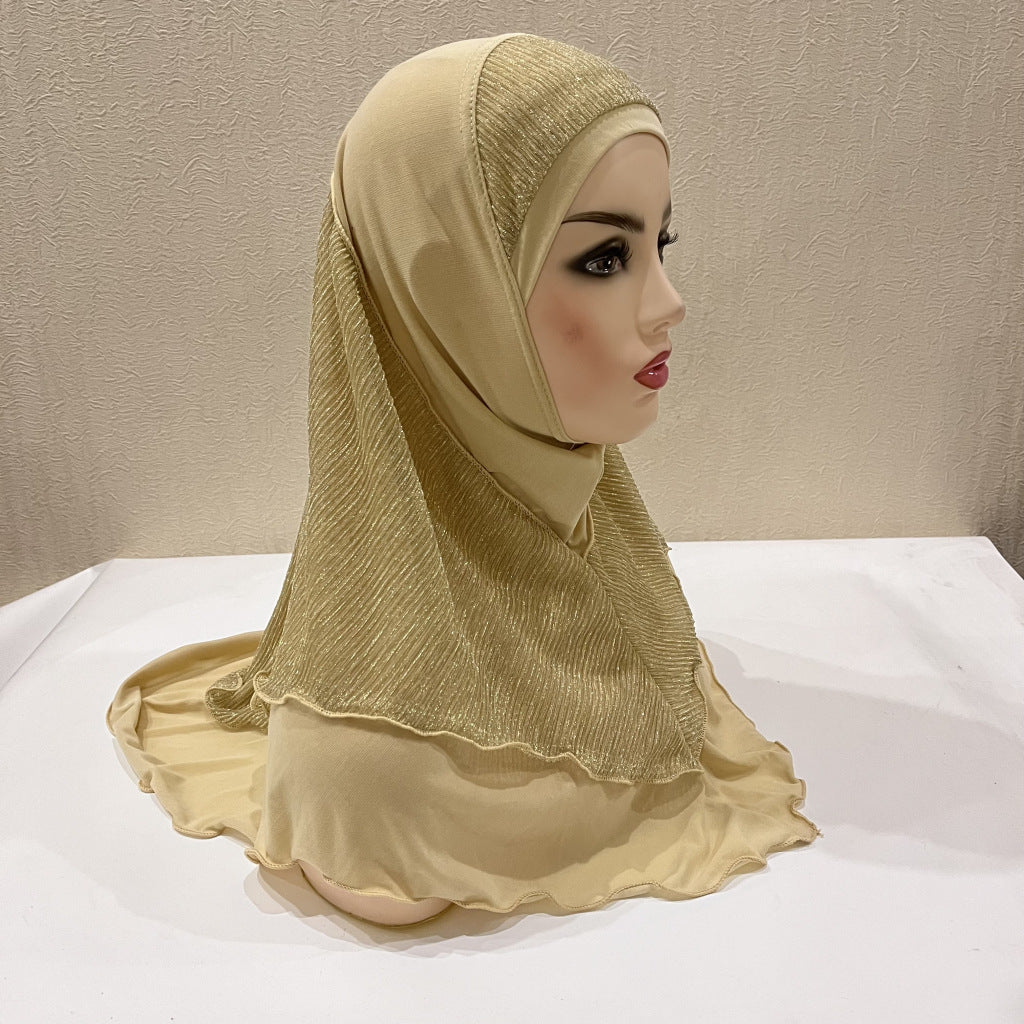 Malay Women's Crystal Ma Gold Silk Stitching Veil Hat Headscarf