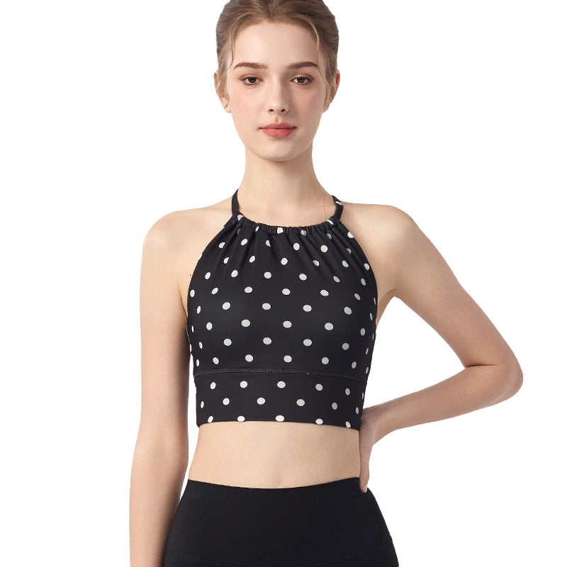 Womens Polka-Dot Plaid Printed Halterneck Tank Top With Cross-Over Design