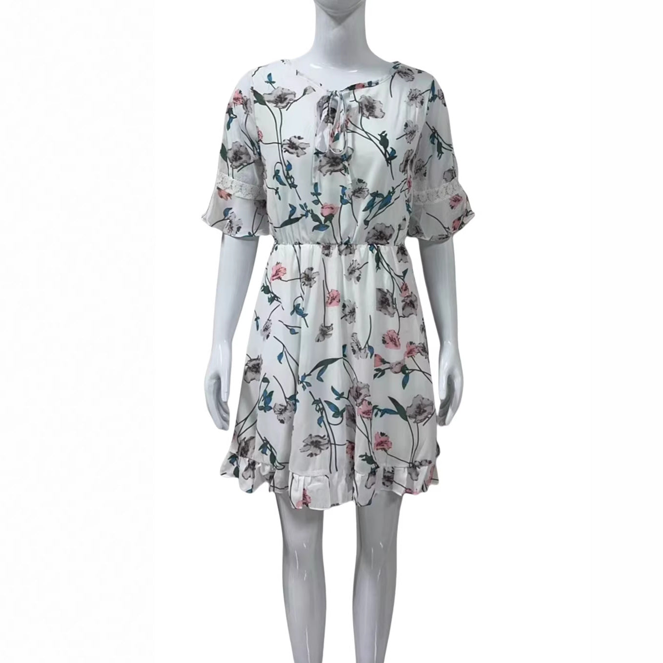 V-neck Lace-up Floral Print Dress Womens Clothing
