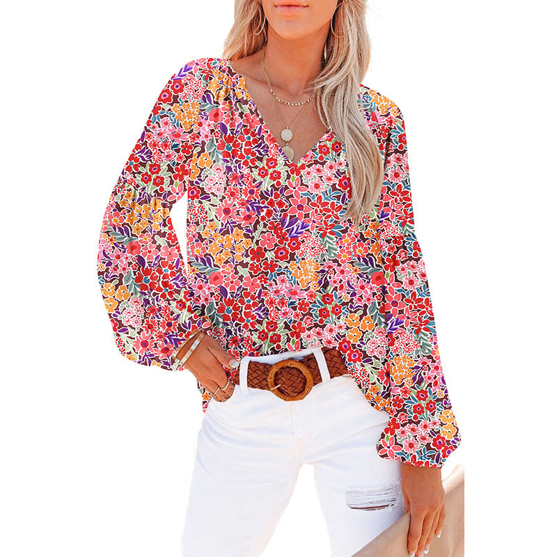 Dames Floral Chiffon Skjorte Løs V-hals Casual Top