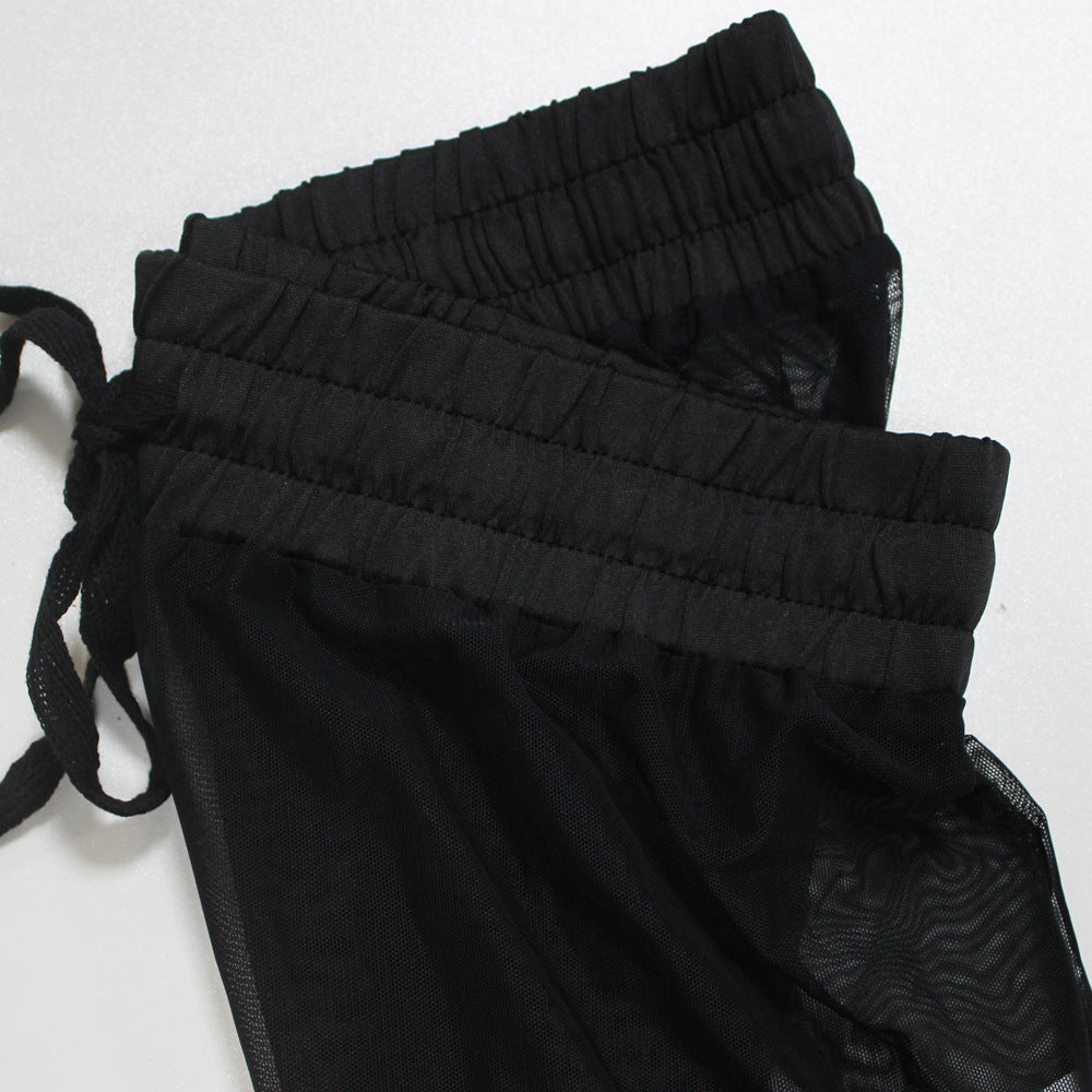 European And American Style Lace-up  See-through Trousers Mesh Trousers