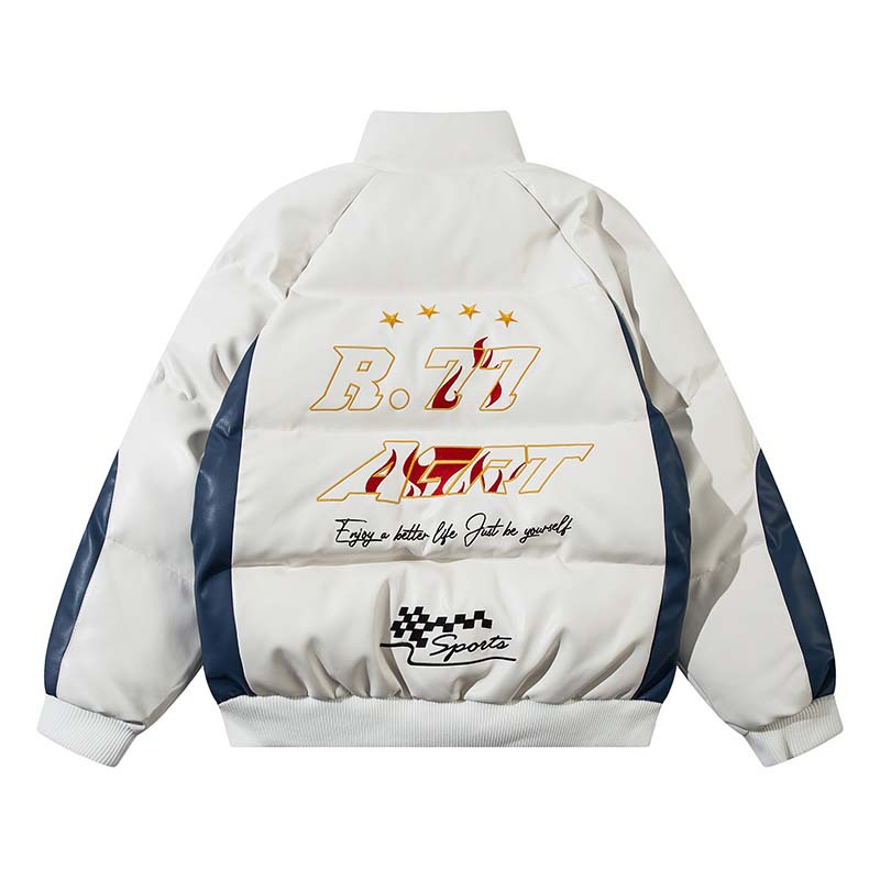 Men's Retro Letter Embroidered Patchwork PU Leather Cotton Jacket