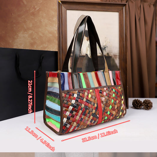 Vintage Womens Handheld Leather Patchwork Color-Blocked Woven Bag