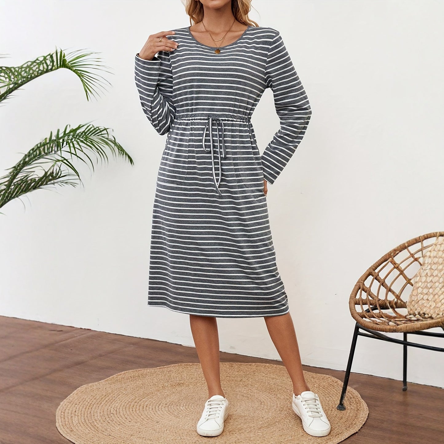 Loose-fitting Womens Striped Long Sleeve Dress