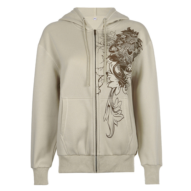 Women's Retro Print Loose Hooded Cardigan Sweater Coat