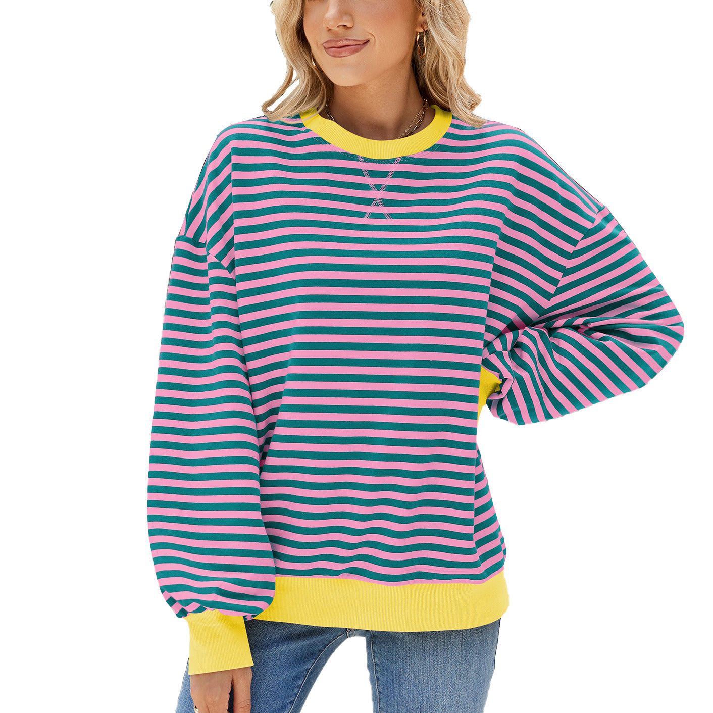 Kvinder Stribet Rund Hals Kontrastfarve Løs Langærmet Sweatshirt
