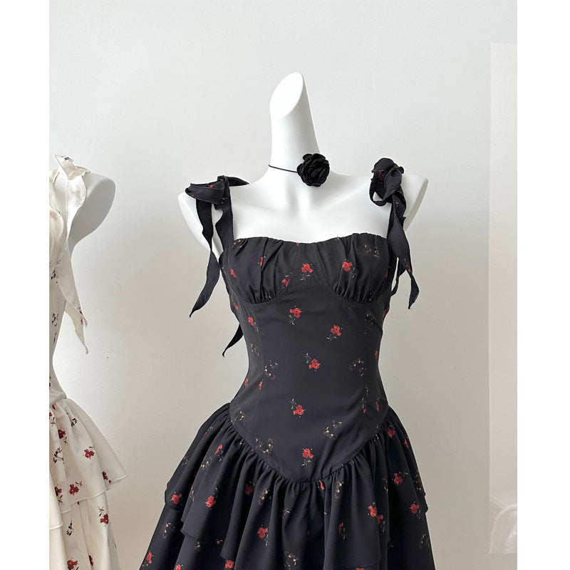 Women's French-style Floral Tea Break Waist Square Collar Suspender Skirt