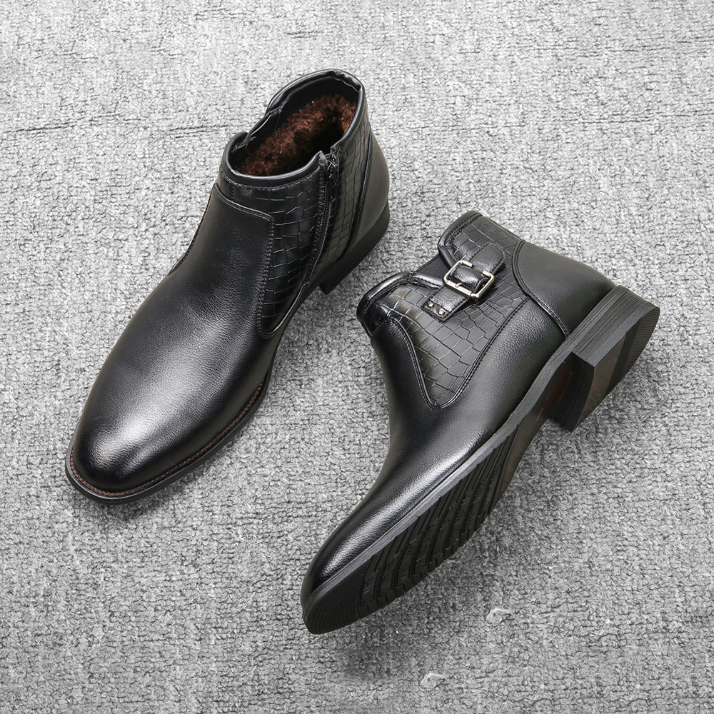 Men's Belt Buckle Side Zipper Plush Boots