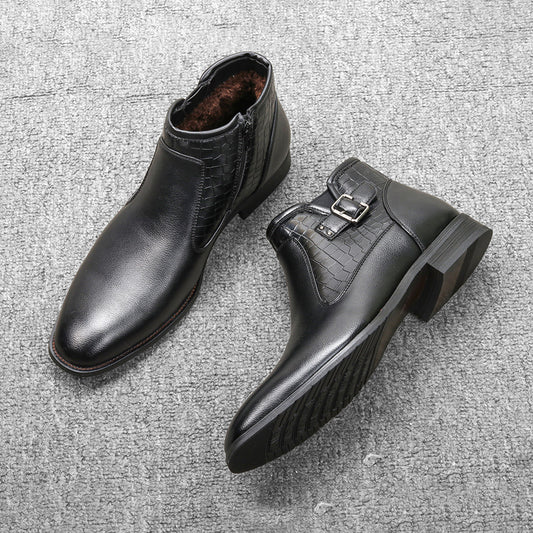 Men's Belt Buckle Side Zipper Plush Boots