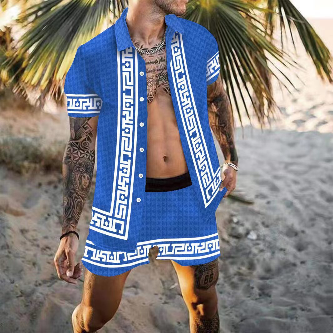 Men's Multicolor Casual Loose Printed Shirt Beach Suit