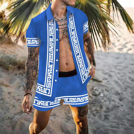 Men's Multicolor Casual Loose Printed Shirt Beach Suit