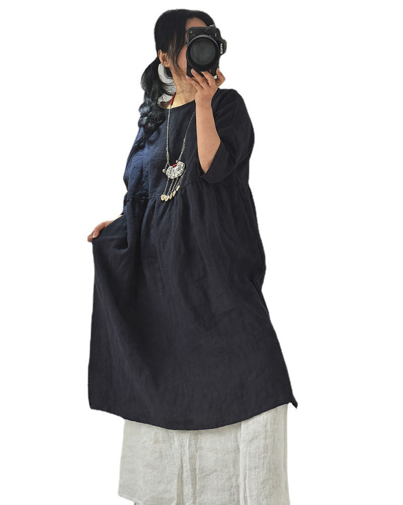 Original Linen Round Neck Embroidery Thread 34 Sleeve Swing Dress