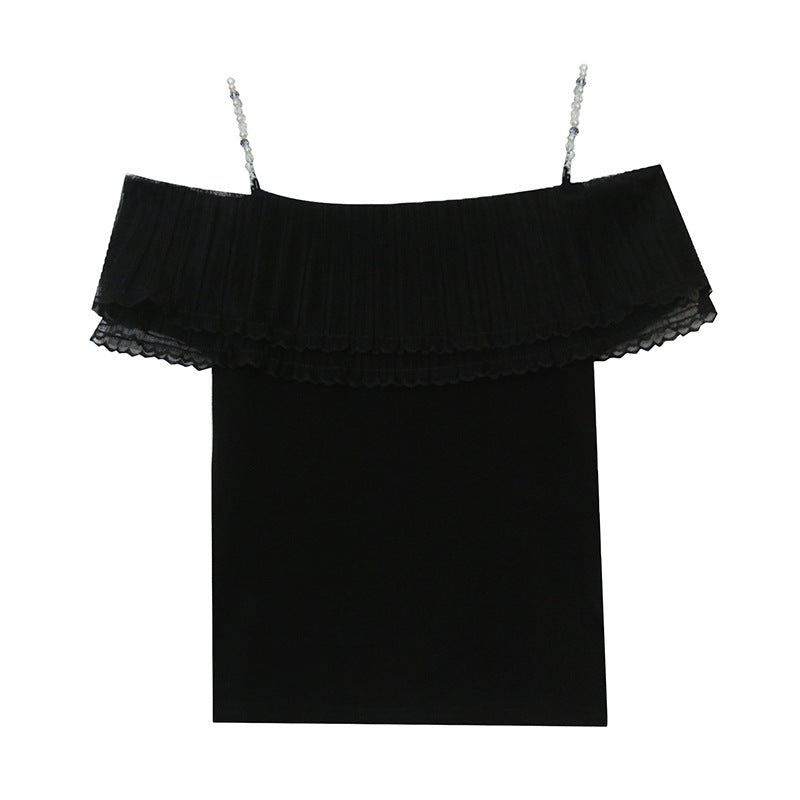 Pleated Lace Stitching Off-neck Sweet Short Sleeve