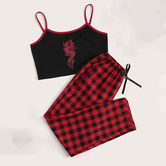 Camisole Red Plaid Casual Trousers Suit