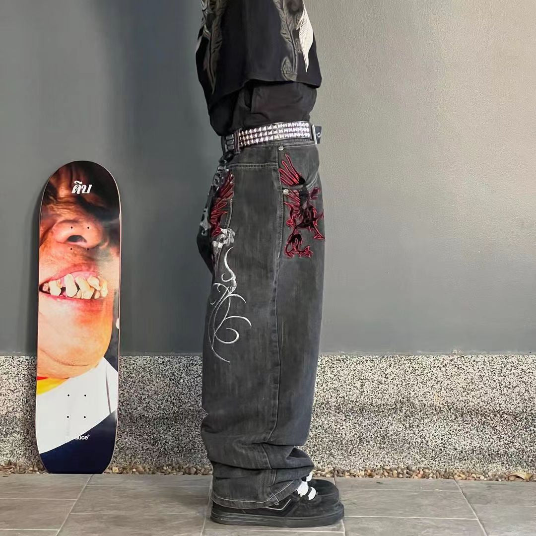 Retro American Style Loose Embroidered Straight Pants