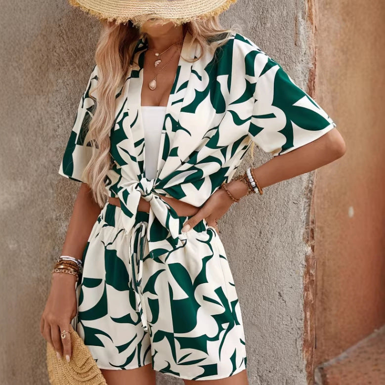 Summer New Arrival Printed Short Sleeve Cardigan And Shorts Two Piece Set