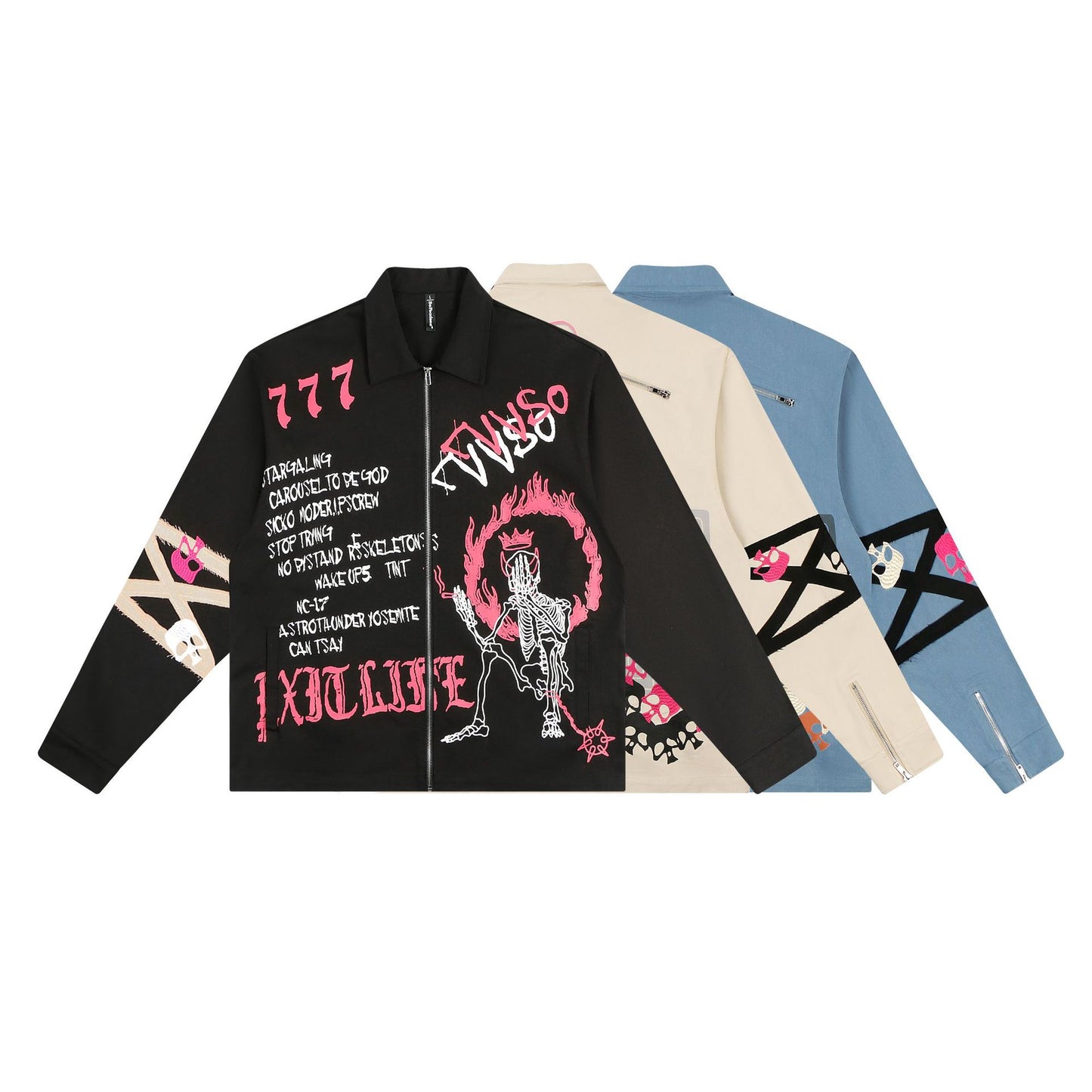 Retro Cartoon Graffiti Print And Embroidery Zip Jacket