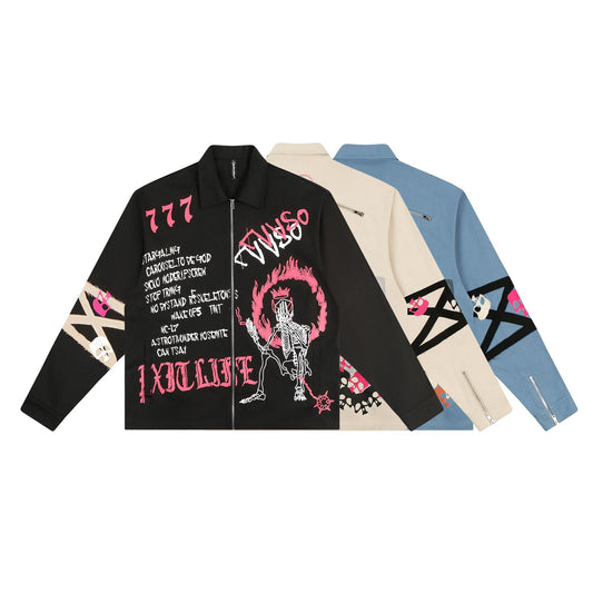 Retro Cartoon Graffiti Print And Embroidery Zip Jacket