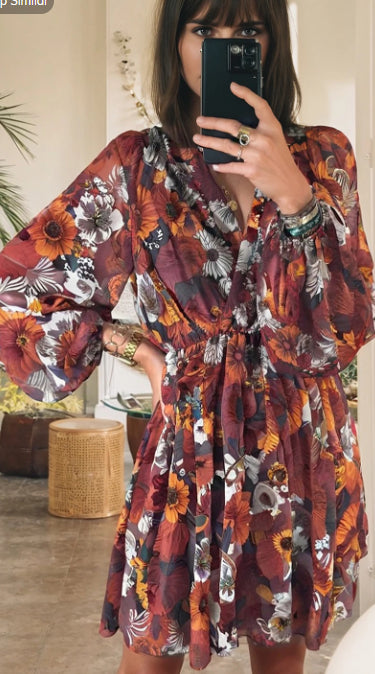 Printed V-neck Puff Sleeve Dress