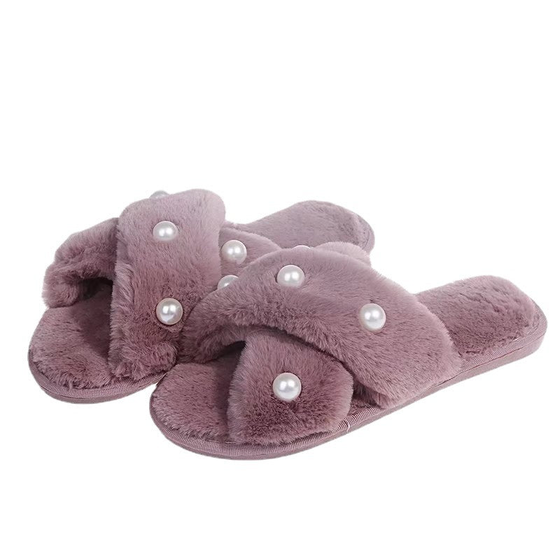 Women's Indoor And Outdoor Warm Pearl Cross Slippers