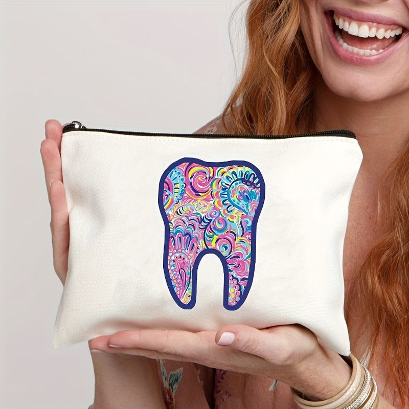 Tooth-patterned Canvas Zip Pouch For Kids Travel