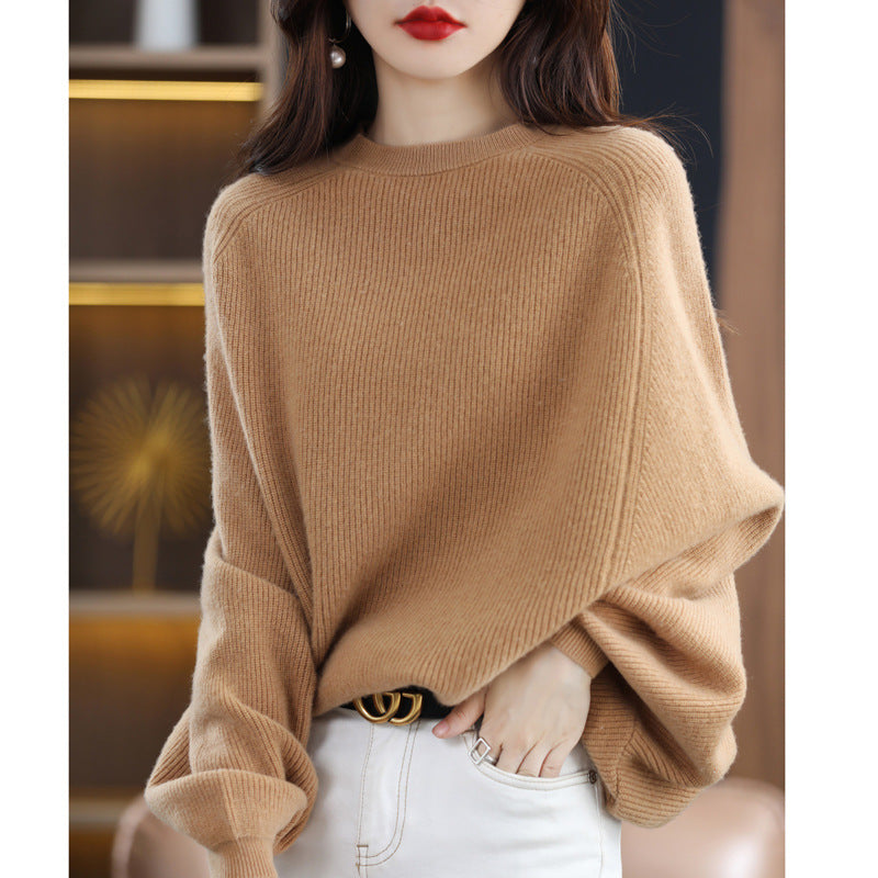 Solid Color Wool Sweater Women's All-match Round Neck Raglan Shawl Pullover