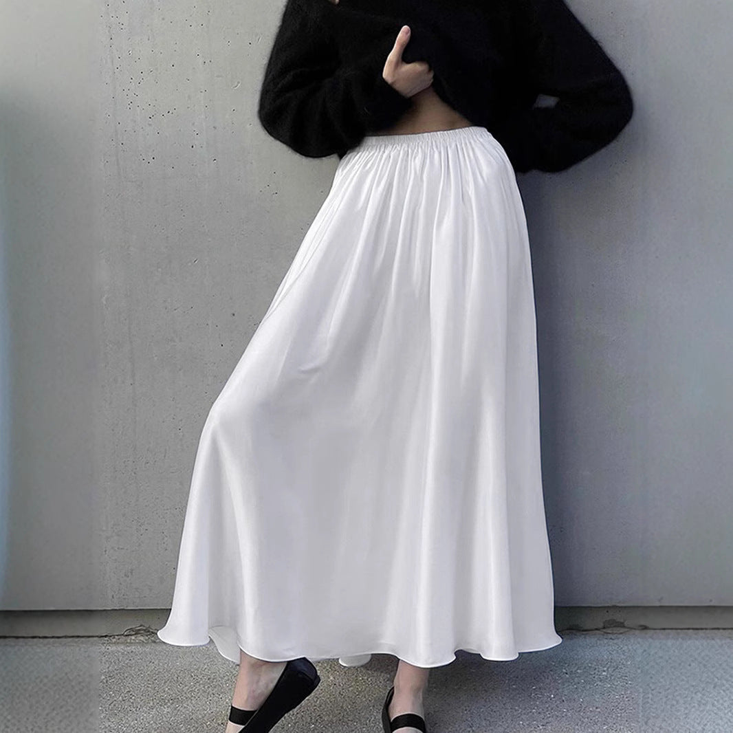 White Satin Draped High-waisted Midi Skirt