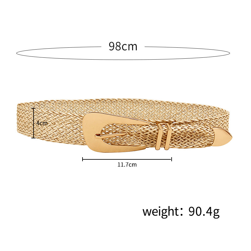 Summer New Ladies Belt PP Grass Gold Hand-woven Belt with Irregular Metal Buckle Waist Seal