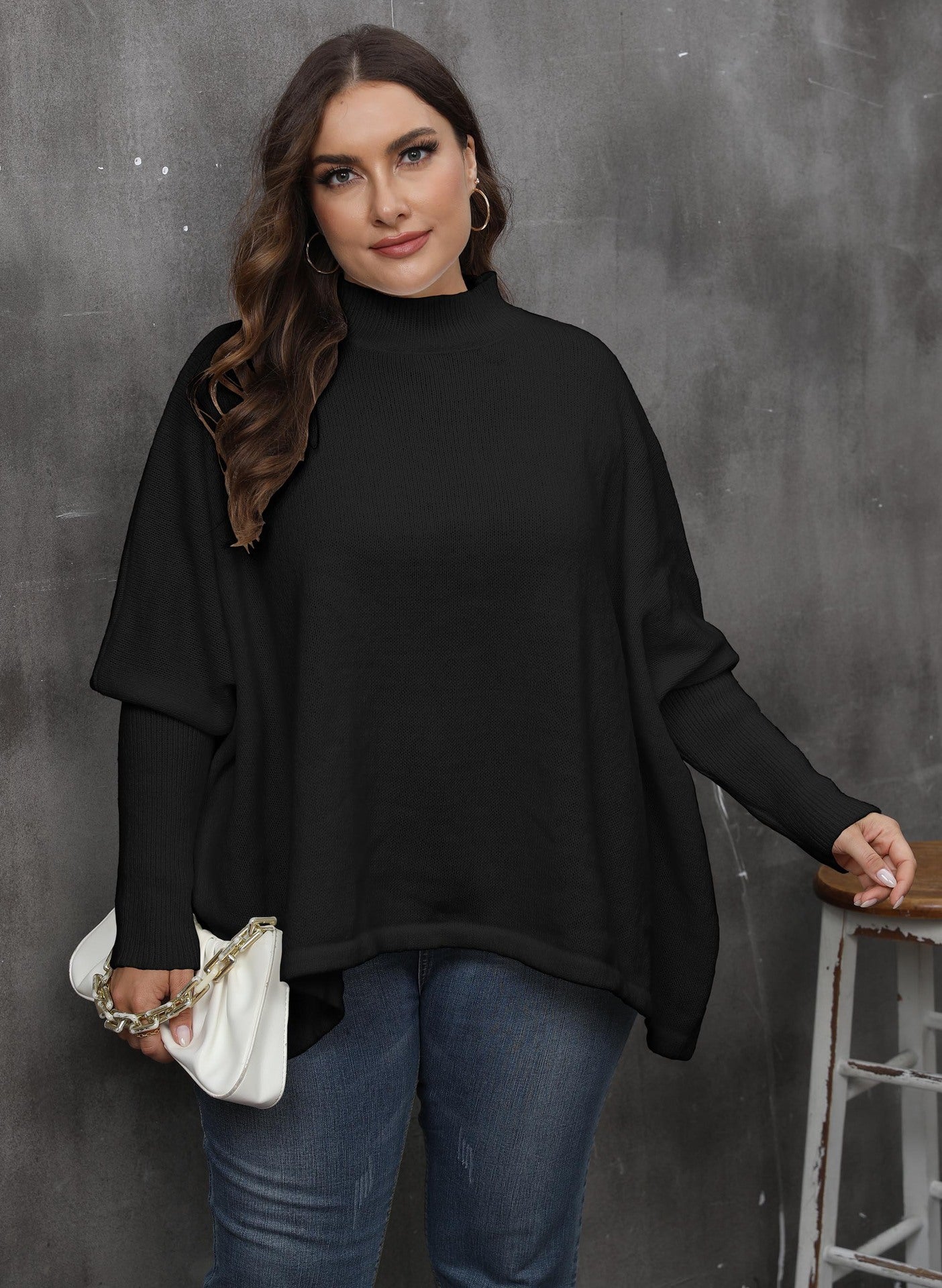 Women's Pullover Plus Size Loose Split Batwing Sleeve Half Collar Top