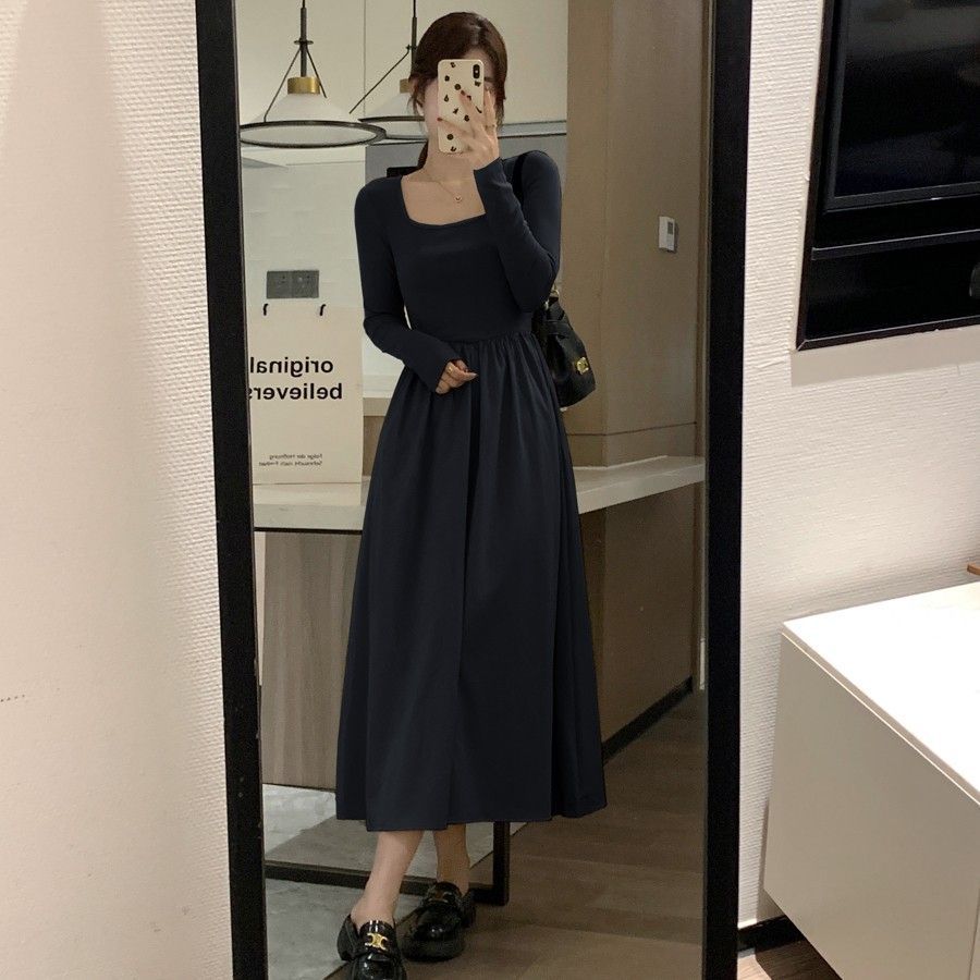 Womens Soft Square-Neck Long-Sleeve Base Dress
