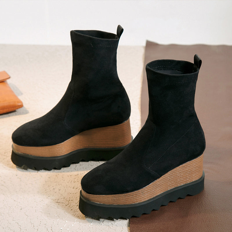 Square Toe Wedge Platform Stretch Boots