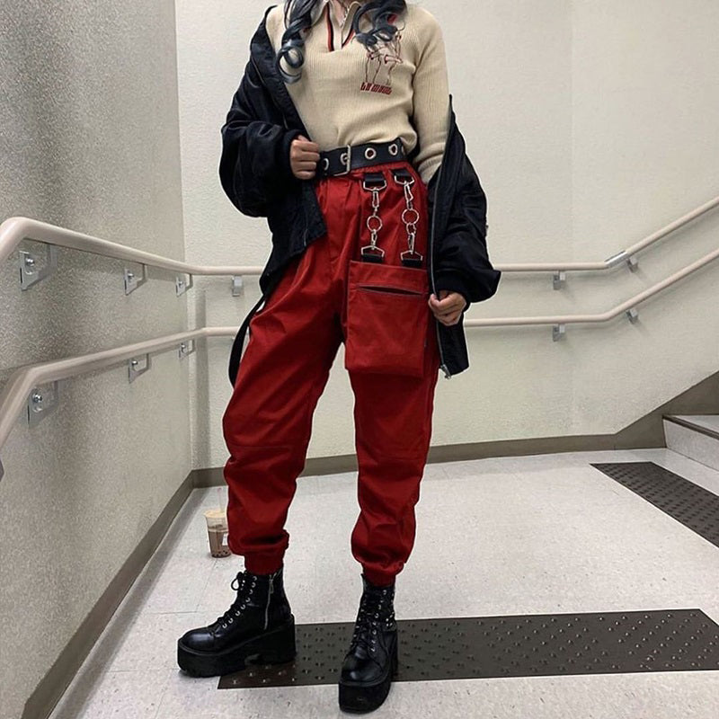 Street Style Metal Element Detachable Chain Pocket Overalls Women High Waist