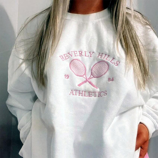 Dame Amerikansk Retro Tennis Klub Broderi Kunstnerisk Rundhalset Sweater