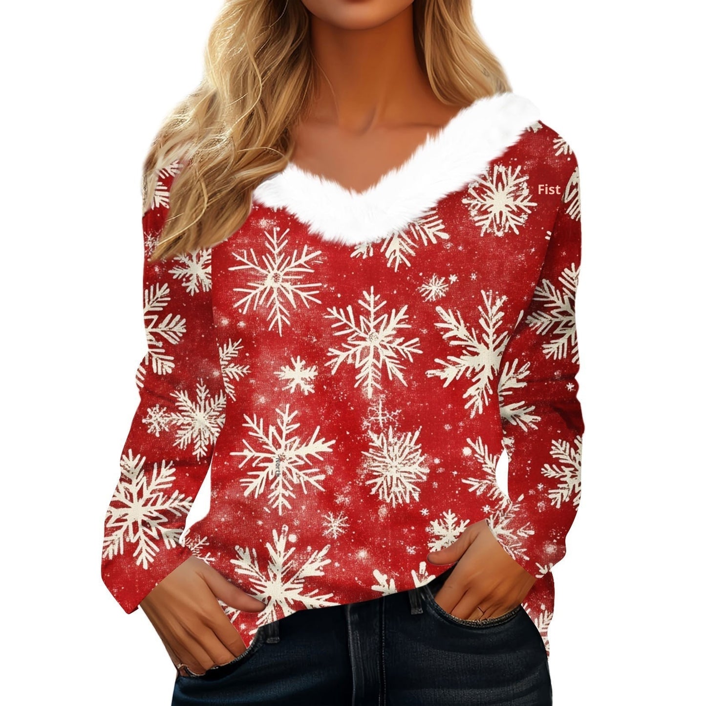 Women's Long Sleeve Christmas Print Party Furry Collar V-Neck Top