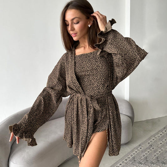 Leopard-print Long-sleeve Nightgown, Lingerie, And Shorts Three-piece Set