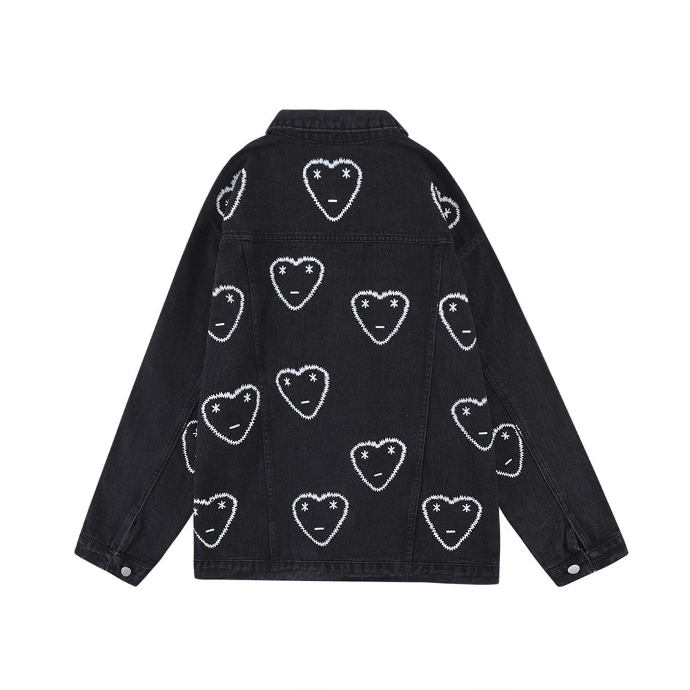 Love Full Printed Denim Clothing Loose Dimensional Patch Pocket Turn-down Collar Coat