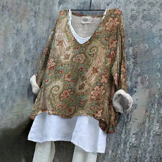 Paisley Art Pattern Linen Blend Long-sleeve Top