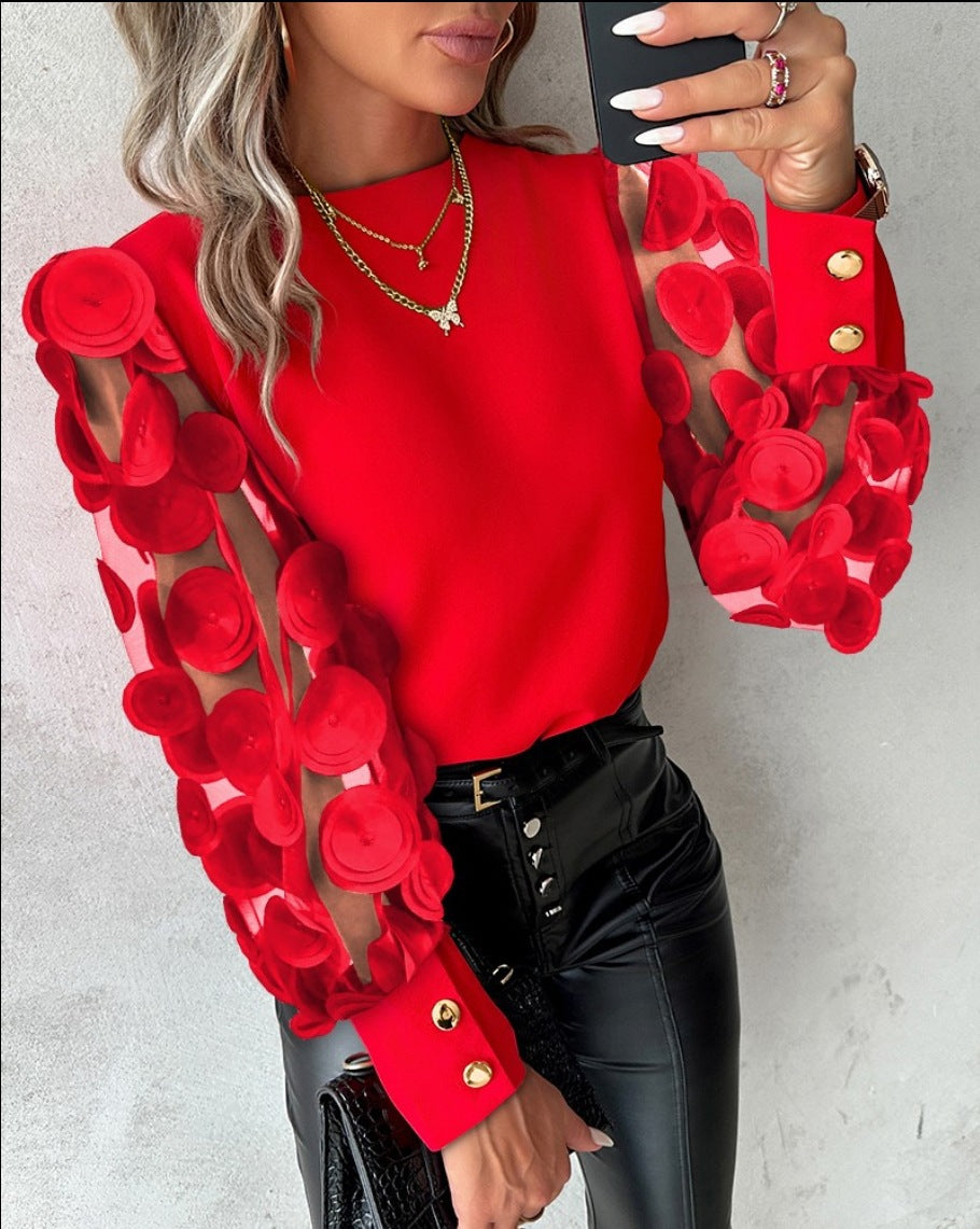 Long Sleeve Fashion Round Neck Petal Sleeve Shirt