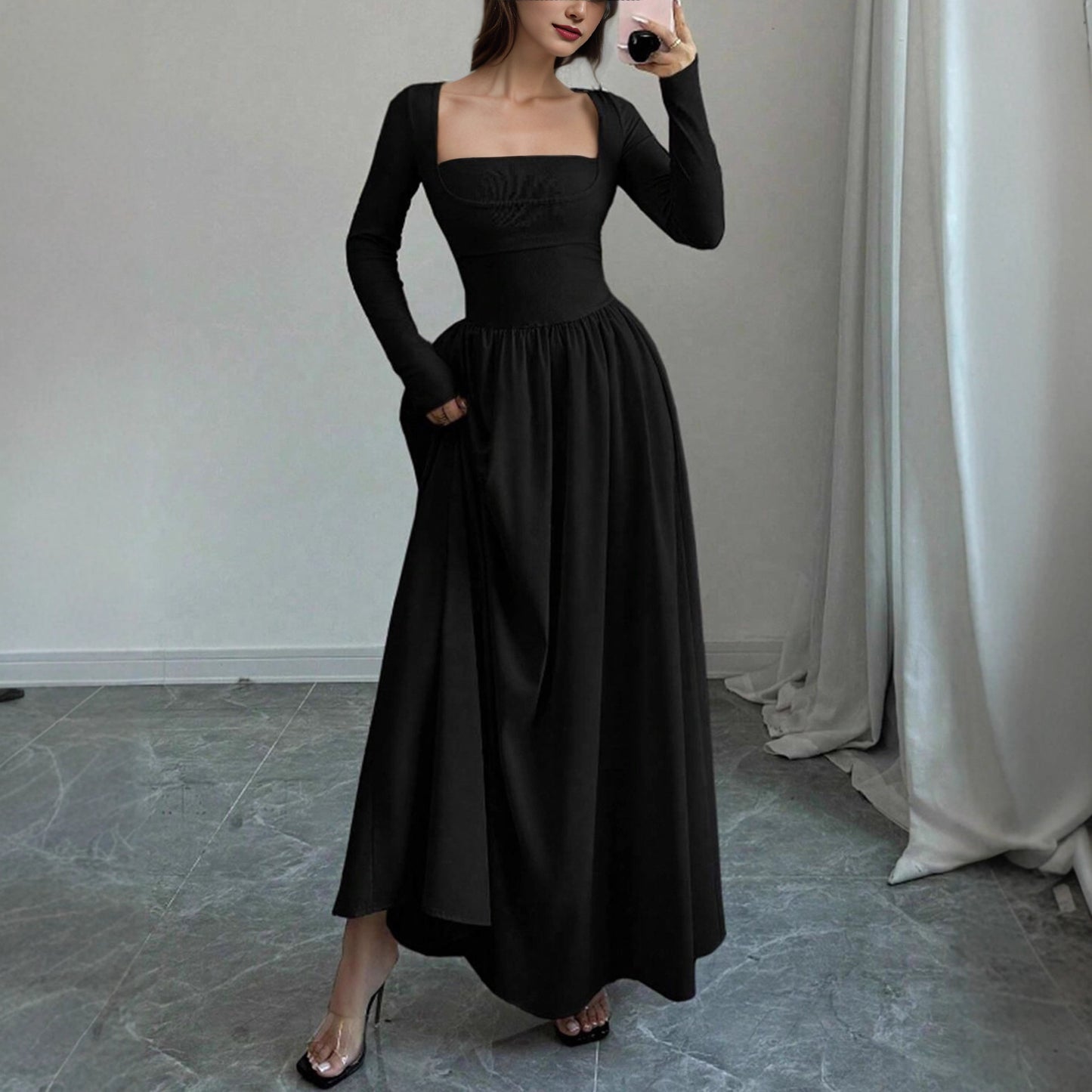 Womens Early Autumn Mock Two-Piece Square-Neck Long-Sleeve Dress