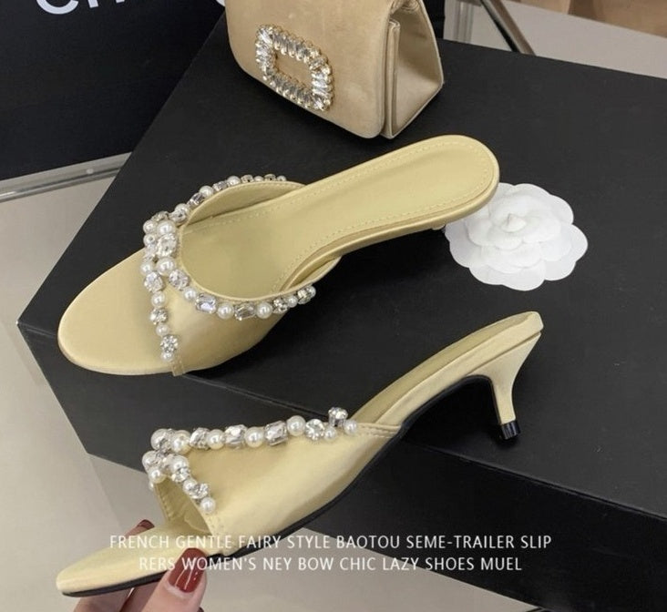 Women's Elegant Low Heel Sandals With Rhinestone & Pearl Bow, Round Toe, Simple Satin, Perfect For Dresses
