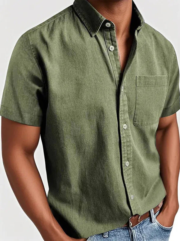 Polo Collar Solid Color Pocket Single-breasted Men's Short-sleeved Shirt
