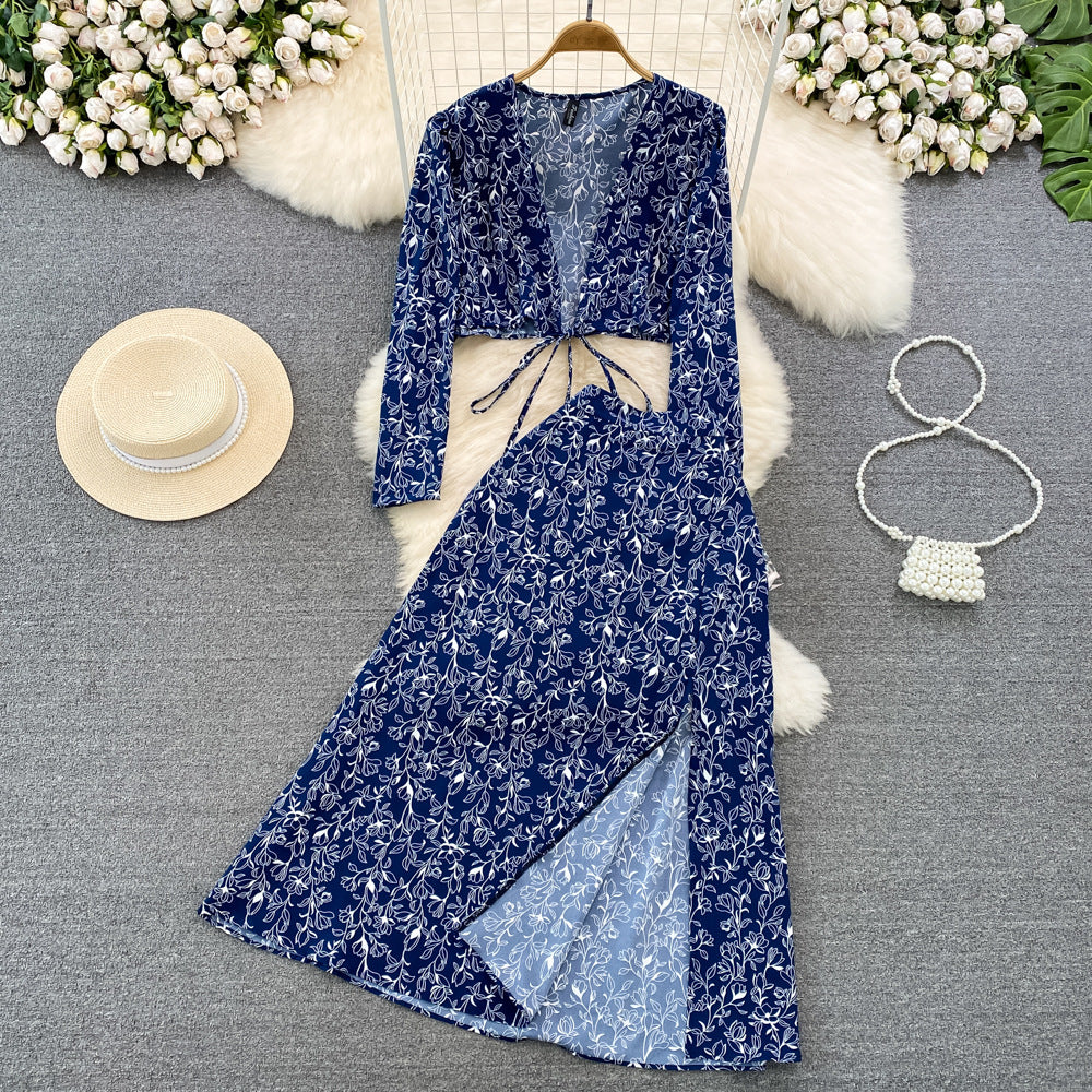European And American-style Long-sleeve Deep V-neck Tie-up Top Two-piece Set