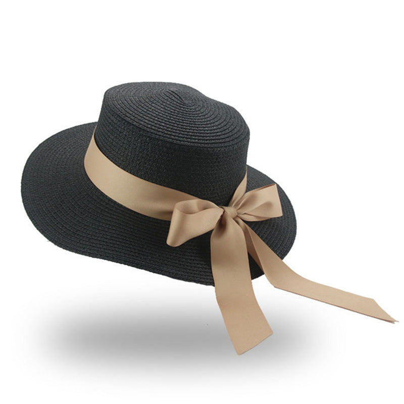 Women's Summer Bow Ribbon Flat Brim Straw Hat