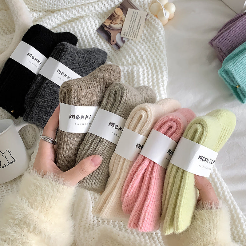 Solid-color, Fleece-lined, Extra-thick Warm Wool Socks For Women