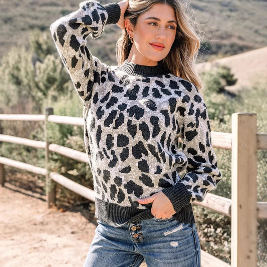 Women's Fashion Leopard-Print Pullover Crewneck Sweater
