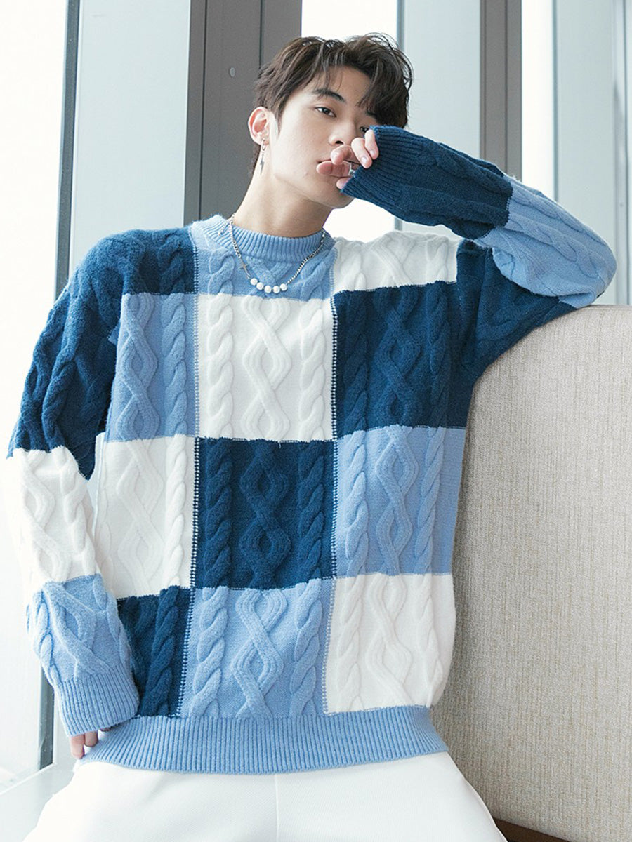 Crewneck Sweater Men's Checkerboard Senior Sense Loose Casual Thick