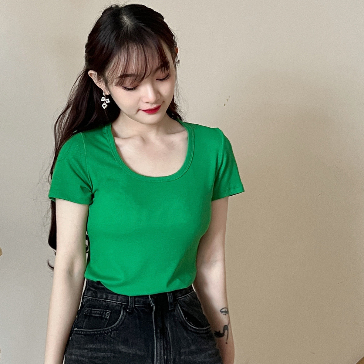 Threaded Cotton Short  T-Shirt Versatile Round Neck Half Sleeve Top