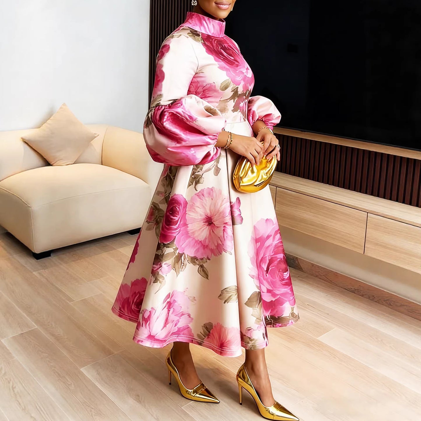 Elegant Printed Stand Collar Lantern Sleeve Waist-Cinching Dress