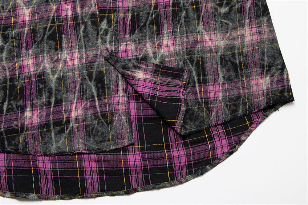 Tie-dyed Distressed Plaid Long-sleeved Shirt For Men