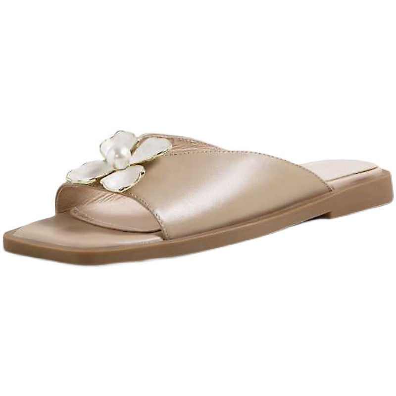 Square Toe Flat Sandals With Three-dimensional Flower Platform